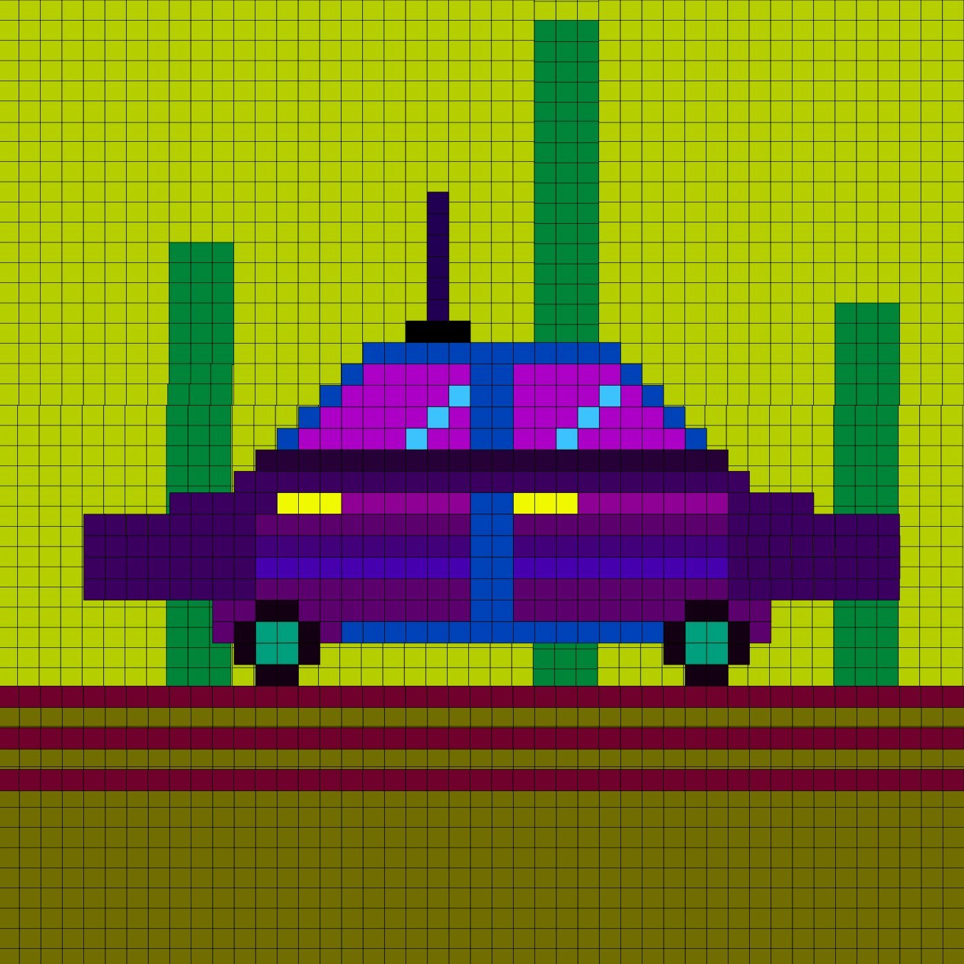 Pixel art of a purple car on a yellow road.