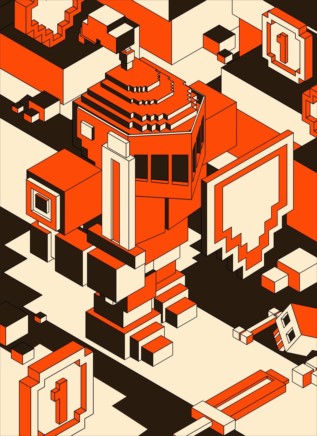 A pixel knight built from orange and black blocks.